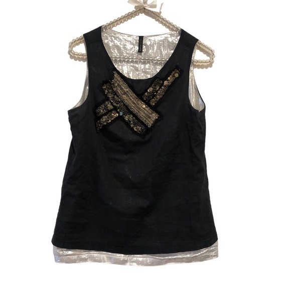 NAF NAF BLUE METALLIC THREAD GOLD SILVER EMBELLISHED SLEEVELESS TOP - Picture 1 of 7